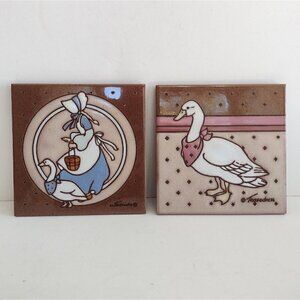 (2) Vintage 1986 Signed Cleo Teissedre Designs Tile Trivet Country Goose Bonnet